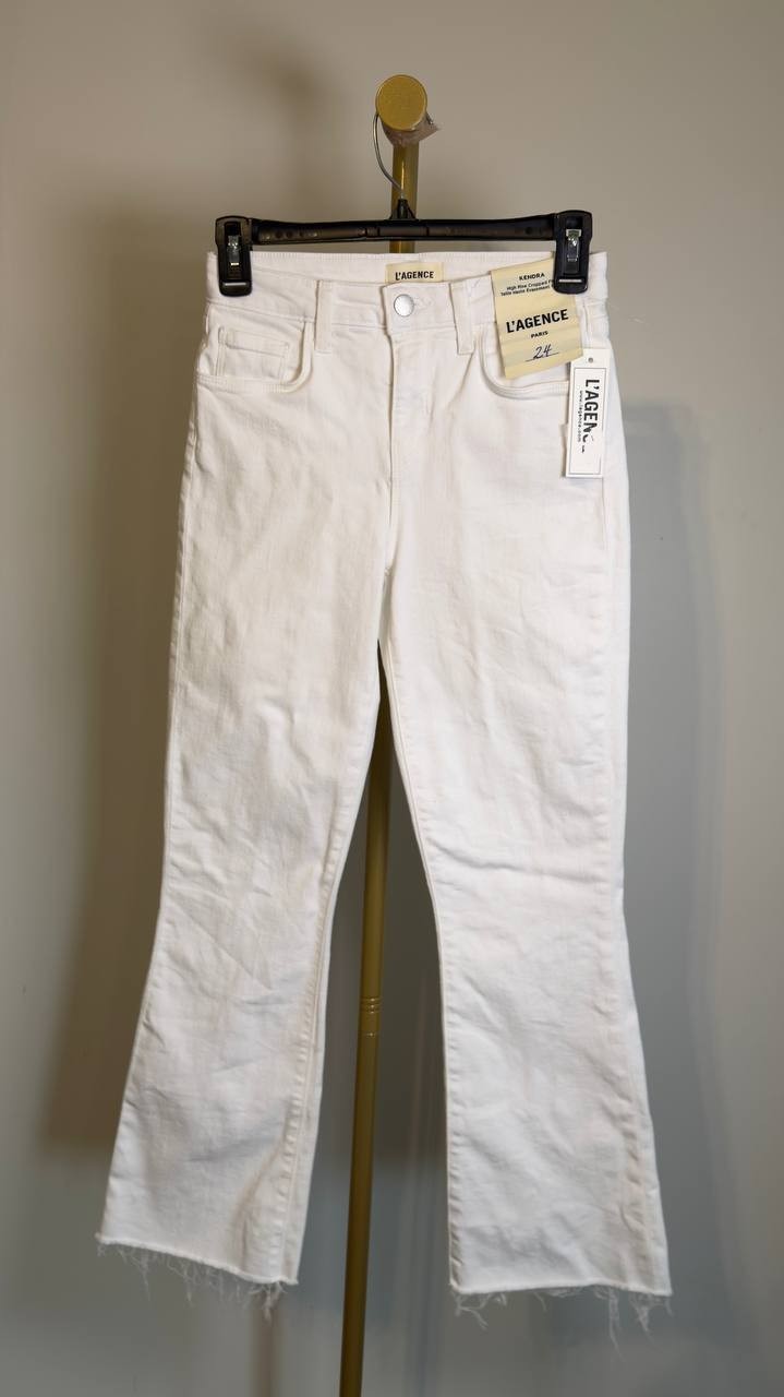 L’Agence Kendra High Rise Crop Flare Jeans Raw Hem White 24 NWT $275