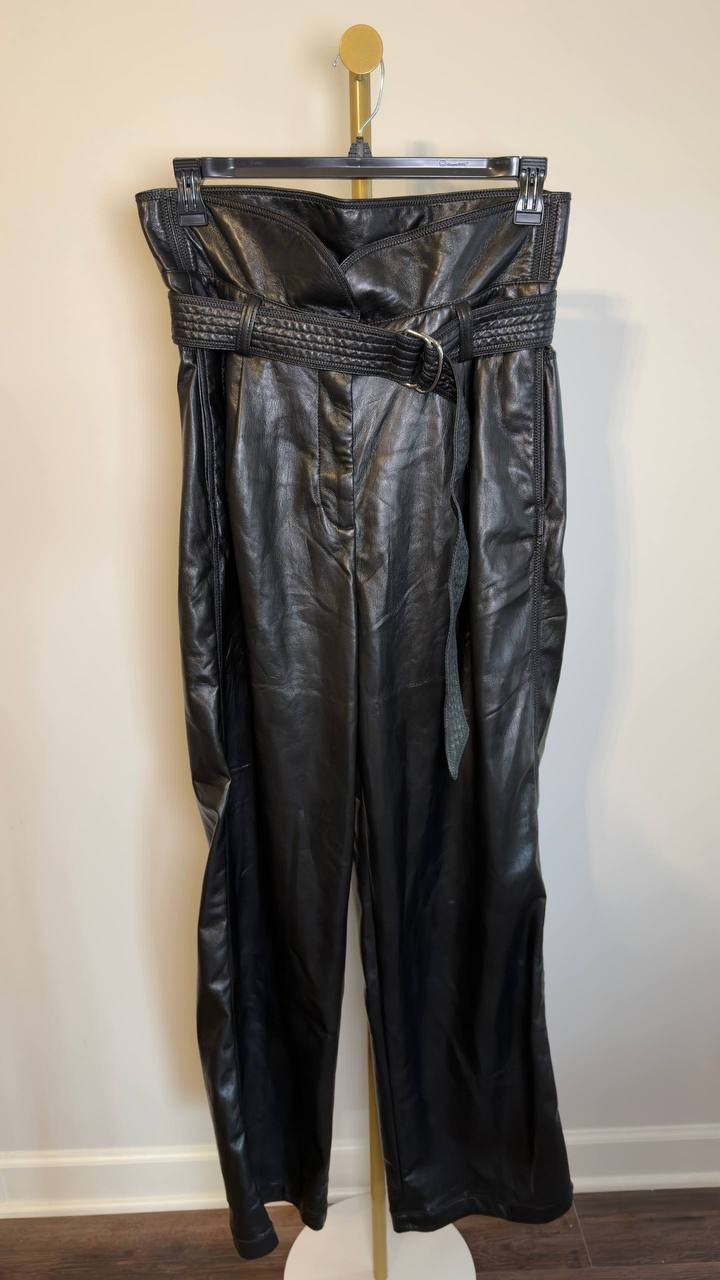BOSS Faux Leather Straight‑Leg Pants with Belt Black 12 NWT $149