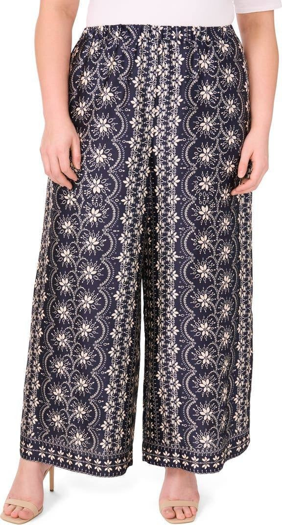 CeCe Black Mixed Print Wide Leg Pants Size L Elastic Waist Travel Casual