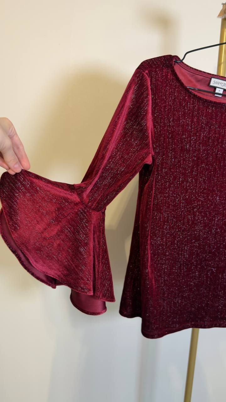 Sam & Jess Women’s Velvet Crewneck Bell 3/4‑Sleeve Blouse Maroon S NWT $59