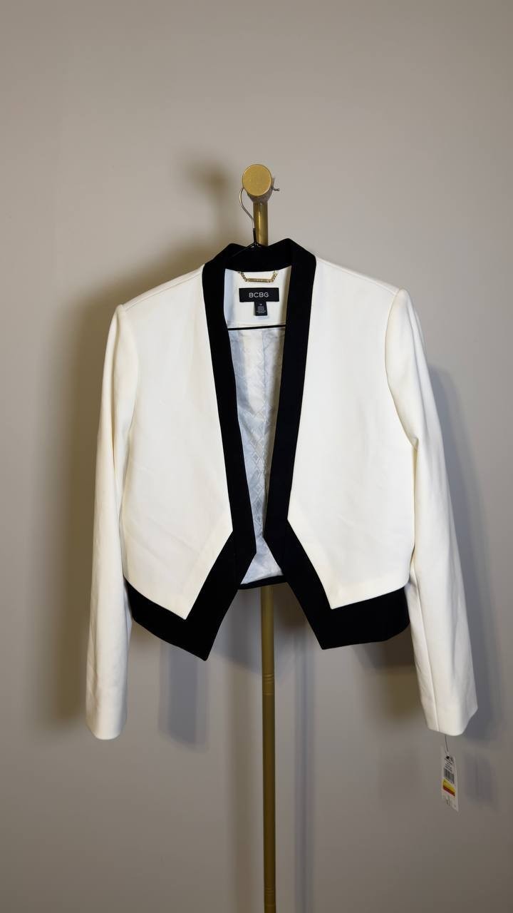 BCBG Stand‑Up Collar Open‑Front Blazer White/Black 12 NWT $59