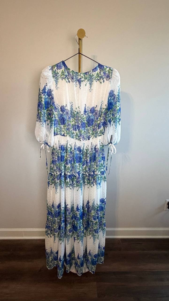 Taylor Printed V-Neck Smocked-Waist Dress Blue/Wisteria 6 NWT $139