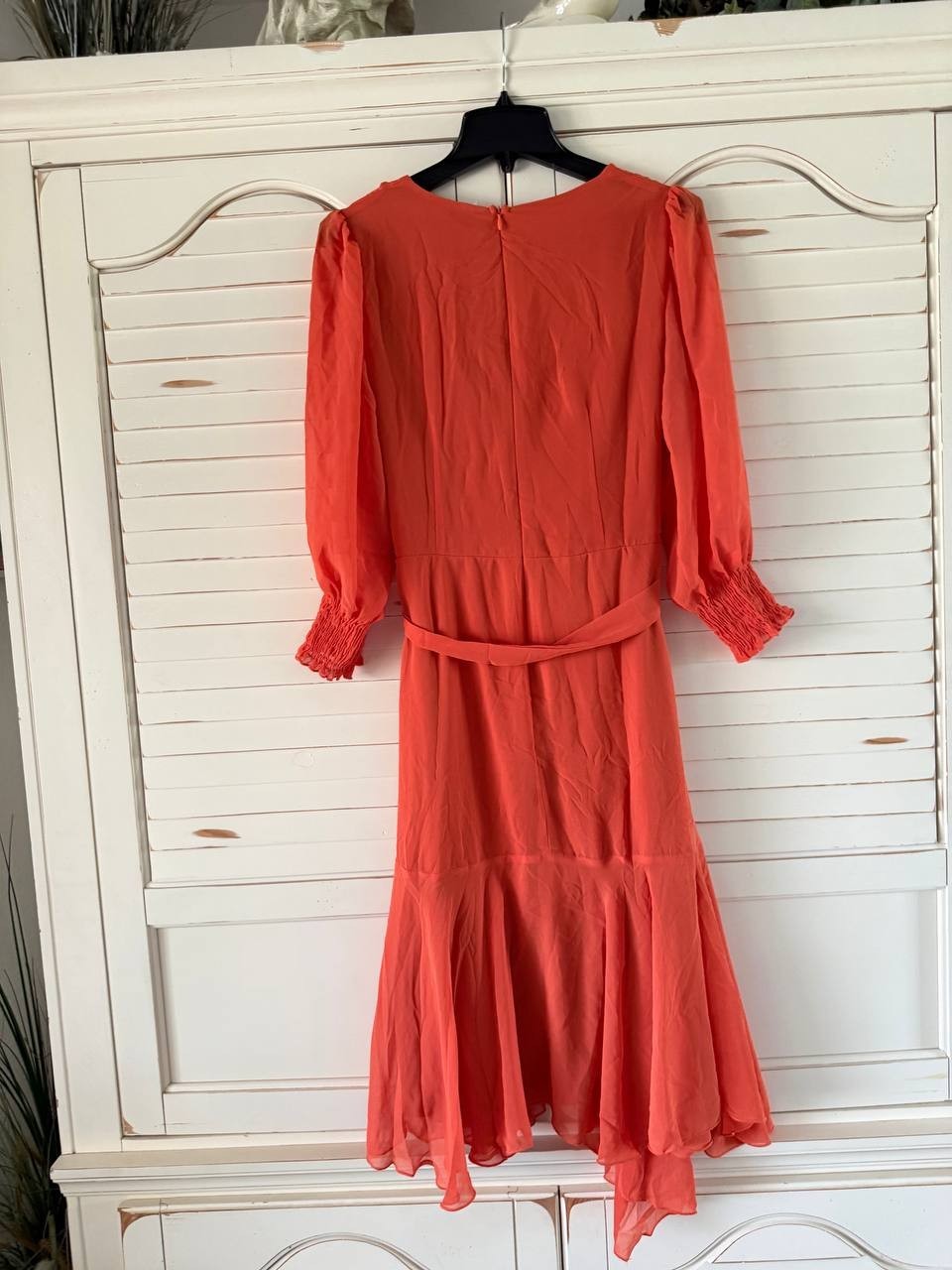 NY Collection Womens Orange 3/4 Sleeve Belted Chiffon Dress Petite Sz PXL