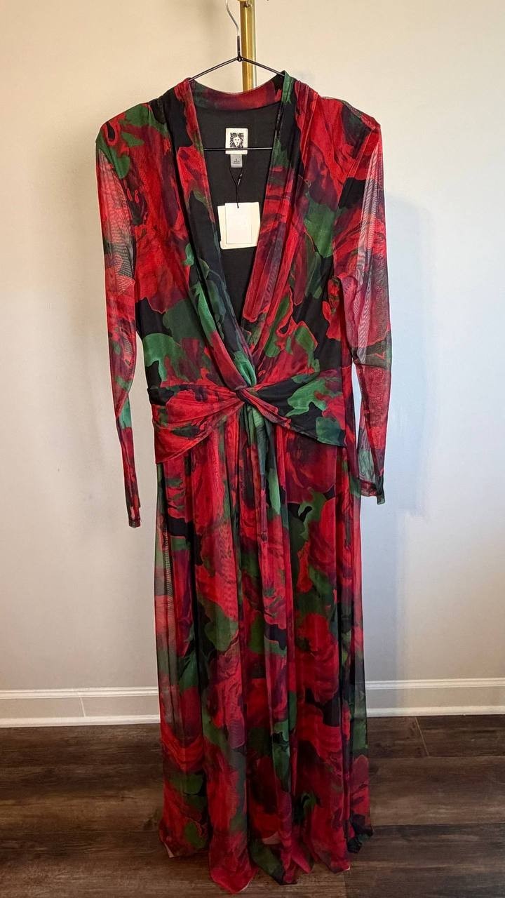 Anne Klein Rose‑Print Twist‑Front Maxi Dress Titian Red Multi 8 NWT $149