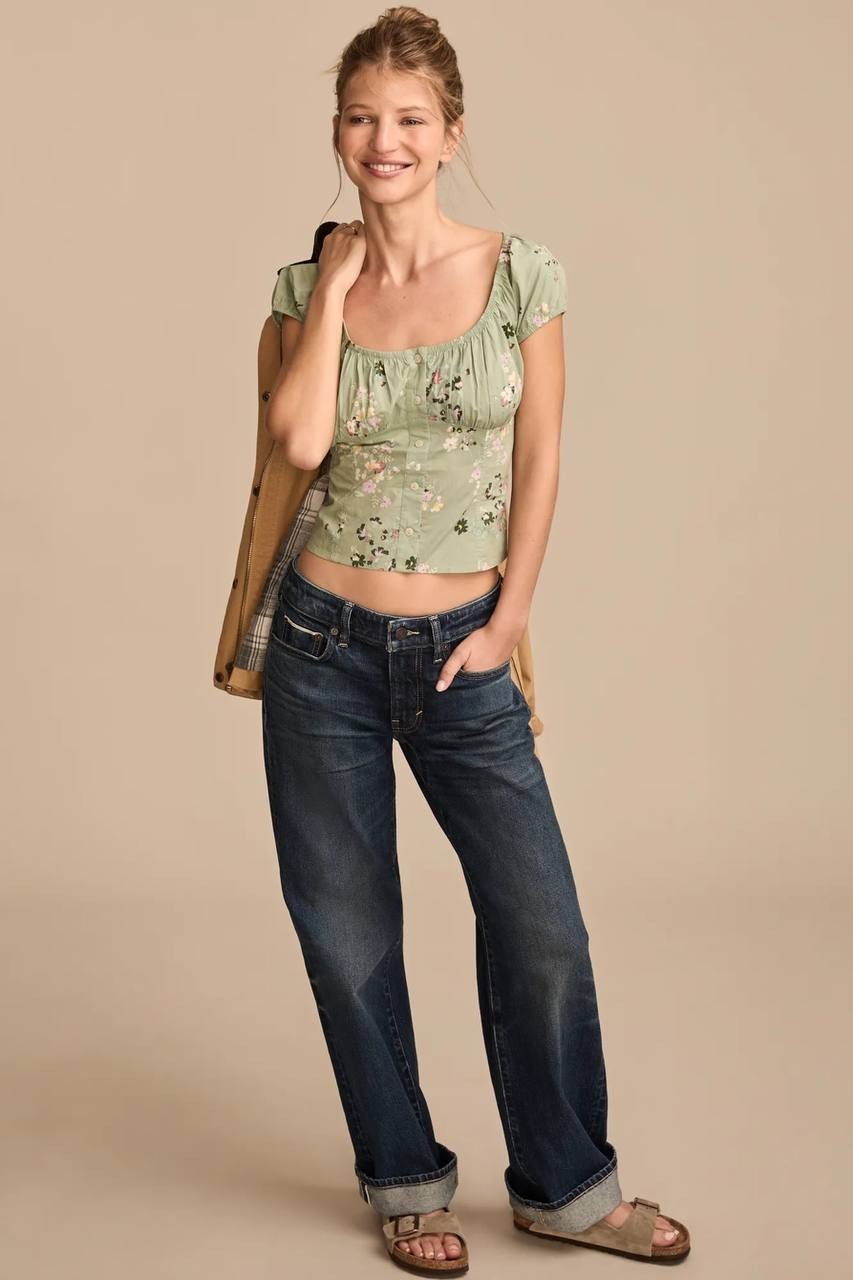 Lucky Brand Short‑Sleeve Corset Top – Olive Floral – Size M – NWT – $69.50