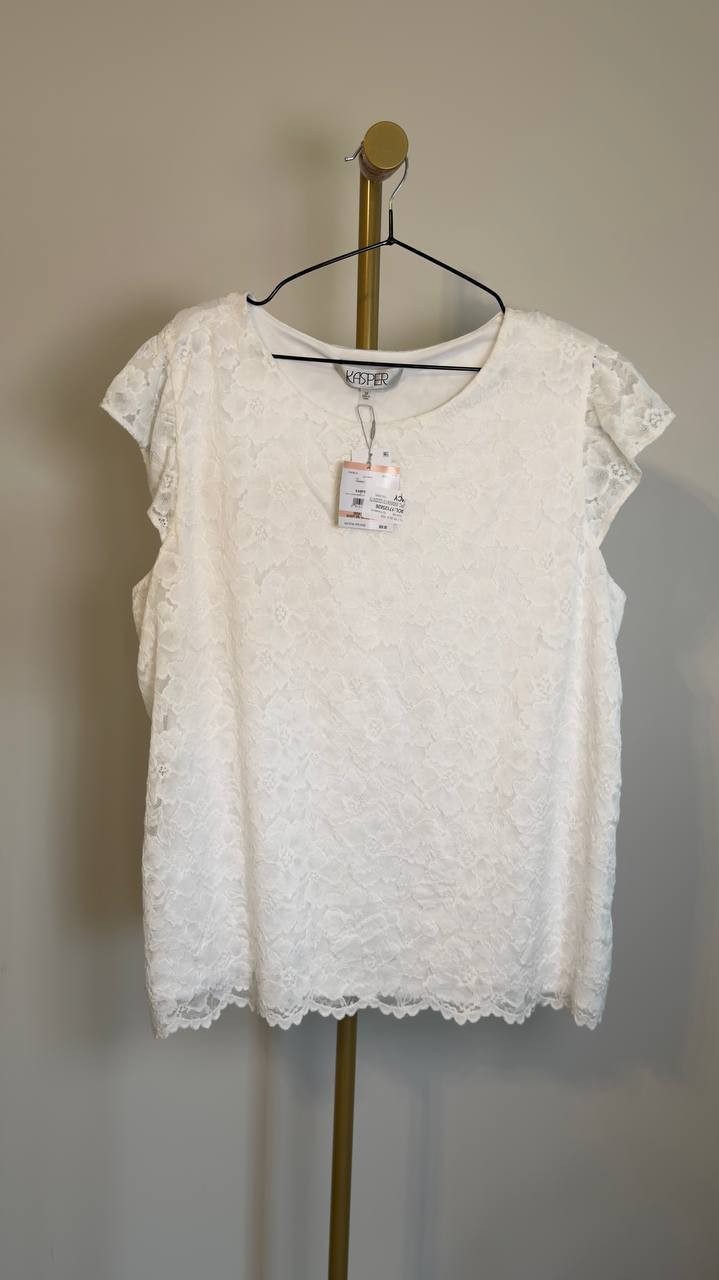 Kasper Plus Size Stretch Lace Flutter-Sleeve Top Lily White 2X NWT $69