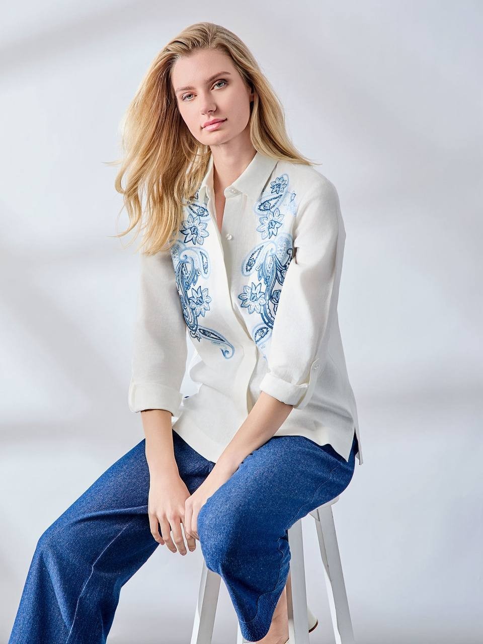 Jones NY Button-Front Embroidered Blouse Linen Blend Size M White  $89