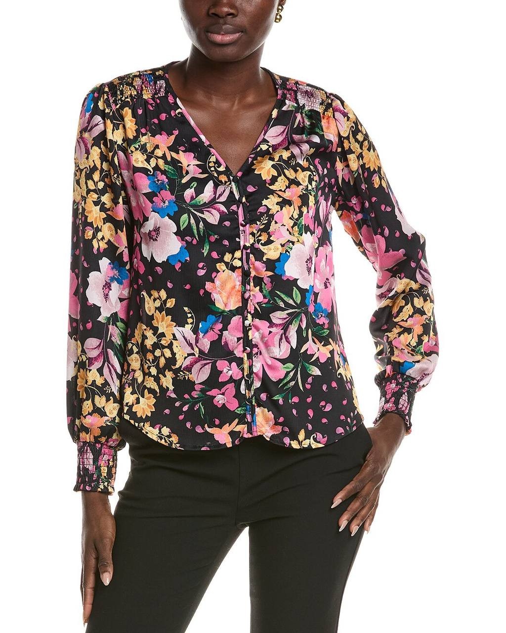 T Tahari Women’s Printed V‑Neck Pleated‑Back Top Black Multi M NWT $78