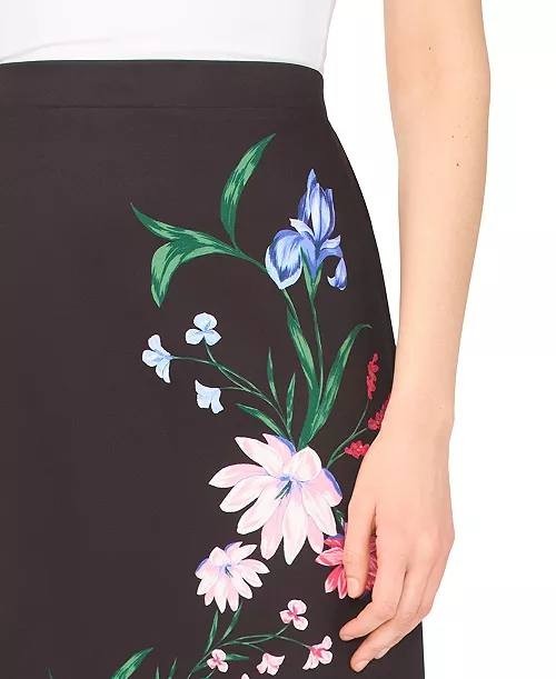 CeCe Floral Print Pull‑On Midi Skirt S Reach Black NWT $99