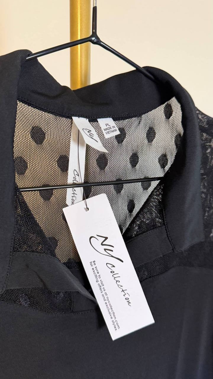 NY Collection Women’s Mesh Sleeve Top Black PL Petite $44 NWT