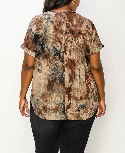 Coin 1804 Plus Size Tie‑Dye V‑Neck Rolled Sleeve Top Mocha Black 3X NWT $30