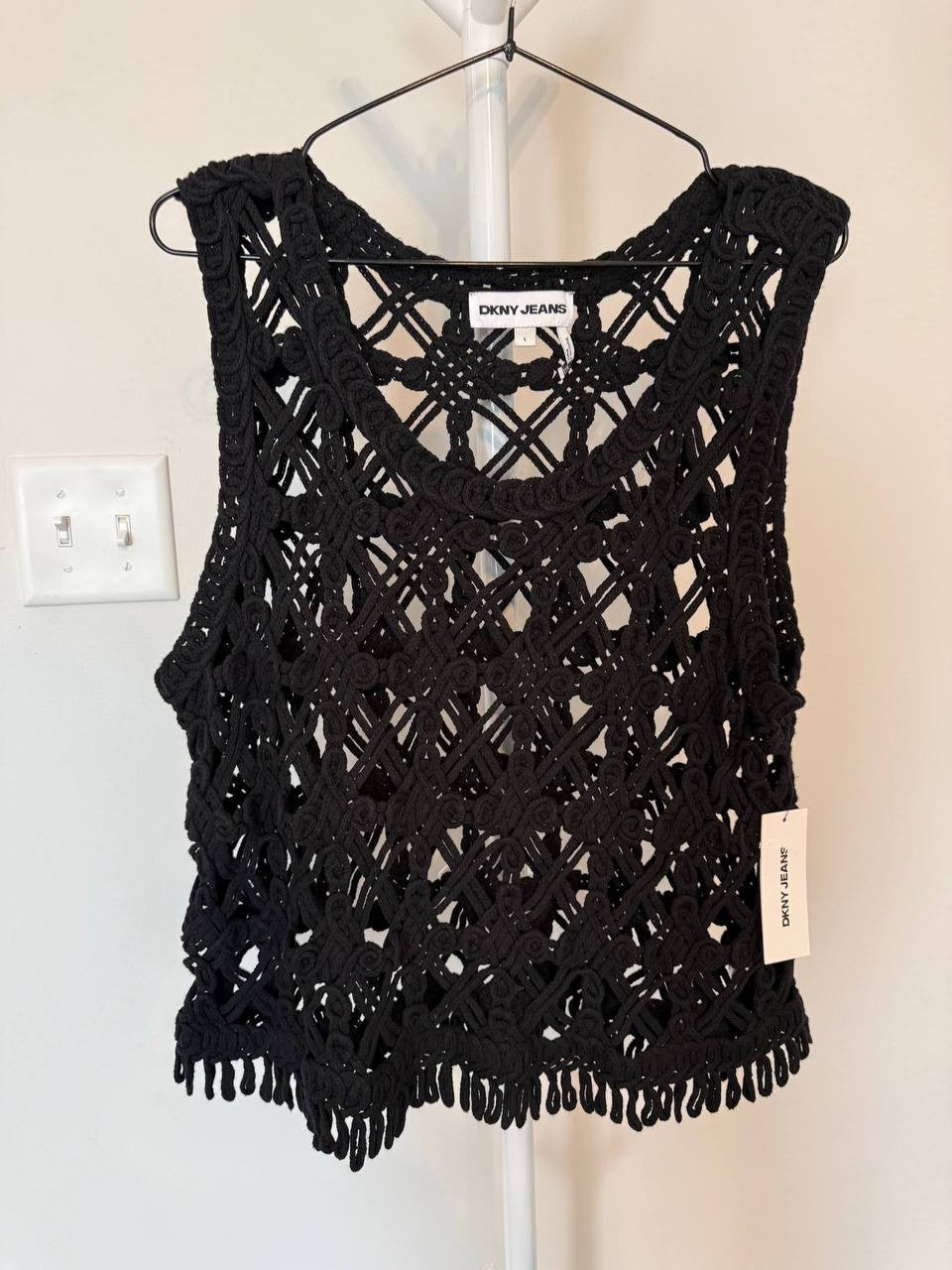 DKNY Jeans Cropped Fringe Crochet Tank – Black – Size L – NWT – $59