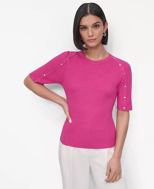 DKNY Sweater XS Pink Button Shoulder Elbow Sleeve Rib Knit Pullover Rayon NWT