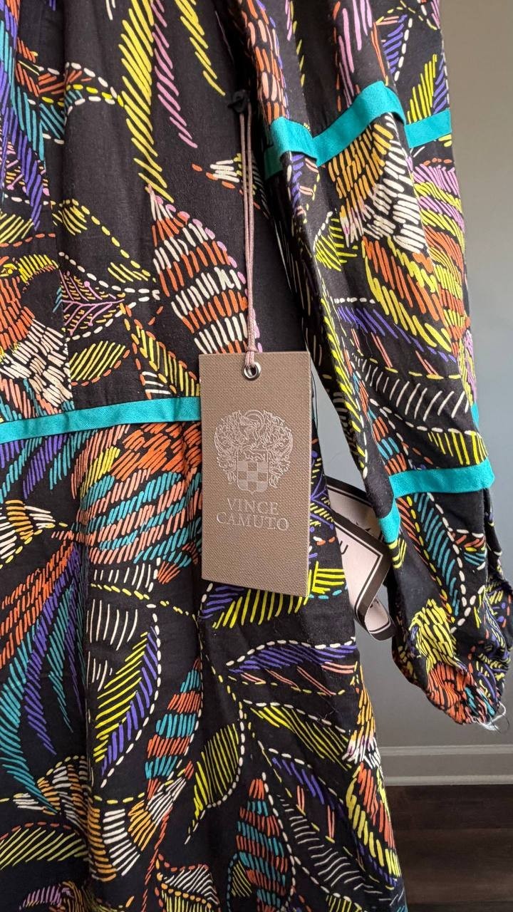 Vince Camuto Puff Sleeve Cotton Poplin Dress Black Multi 12 NWT $138