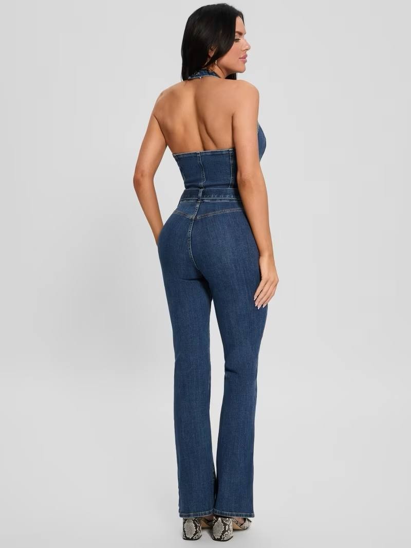 Guess Eco Claire Halter Neck Denim Jumpsuit William Size Mx32 NWT $188
