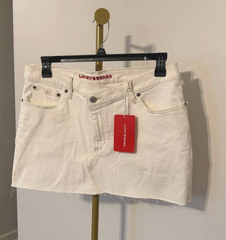 Lucky Brand Denim Cross‑Over Mini Skirt White Lies Size12/31 NWT msrp$89.50