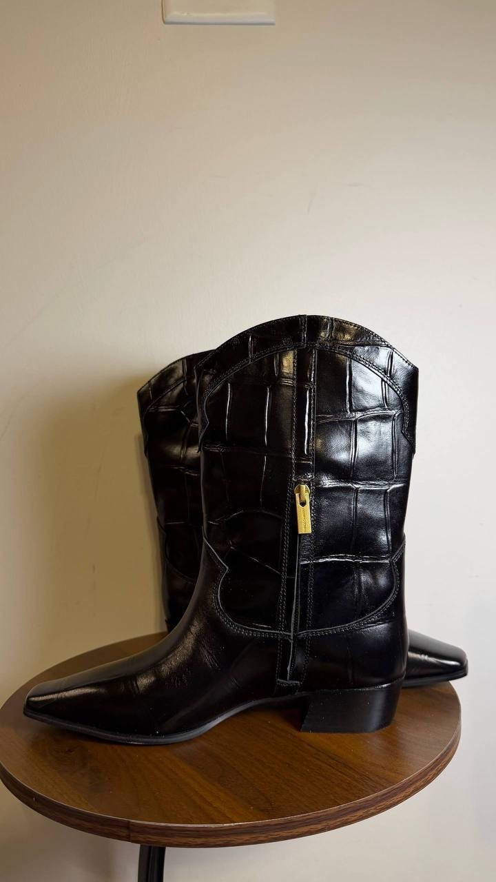 Vince Camuto Prilie Square‑Toe Western Leather Boots Black 7.5M NWB $169