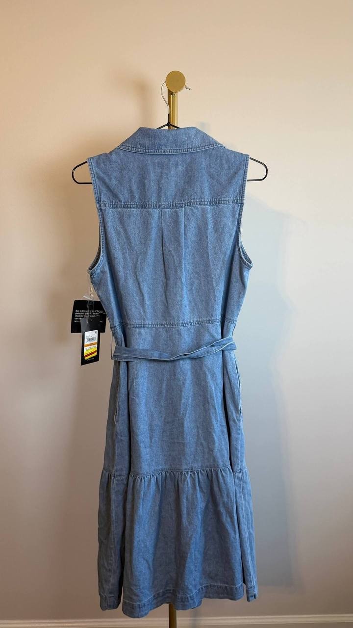 Jones New York Petite Sleeveless Belted Chambray Dress Blue PS NWT $119.50