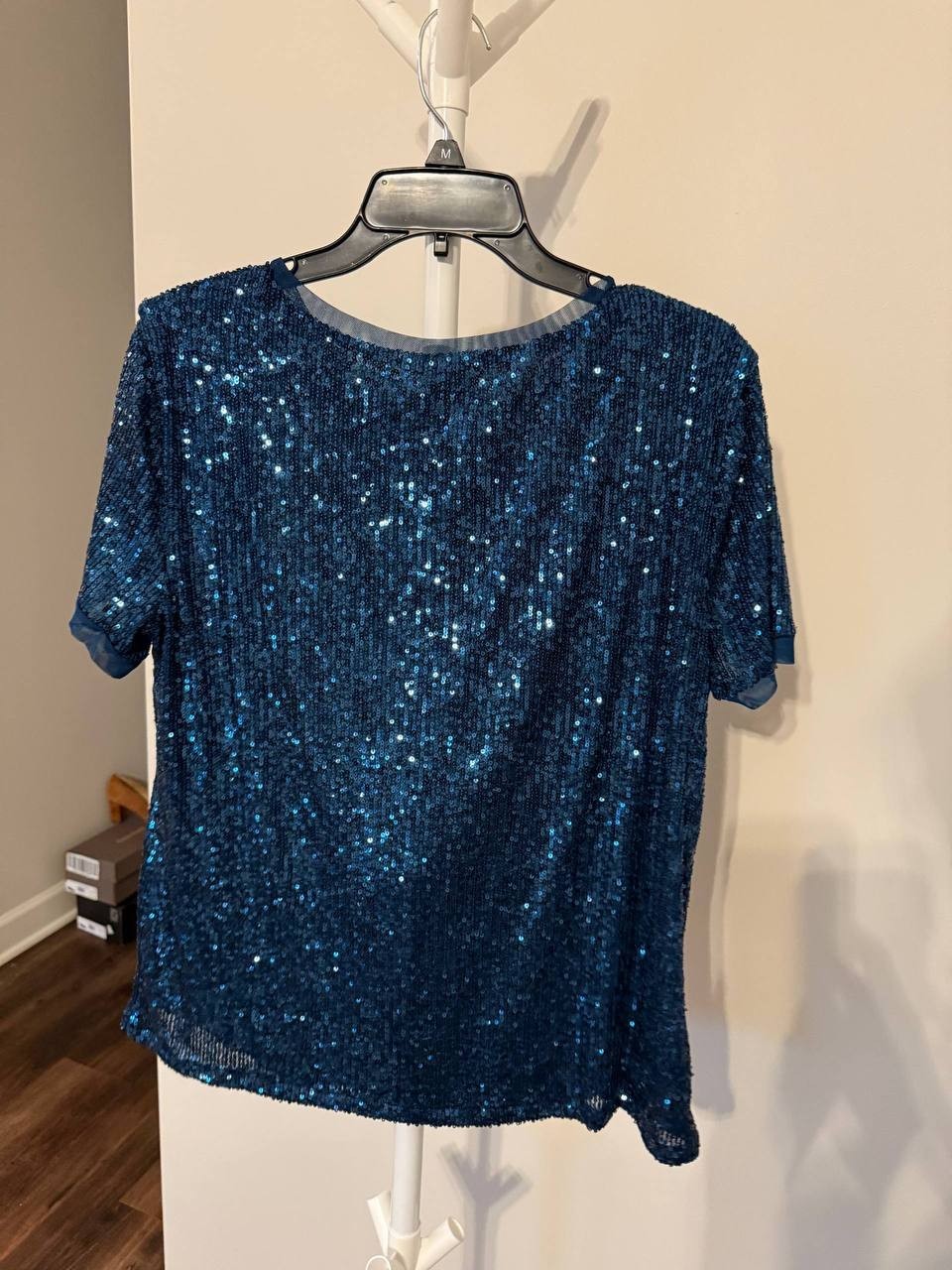 Anne Klein Sequin Mesh T‑Shirt – Baltic Teal – Size L – NWT – $89