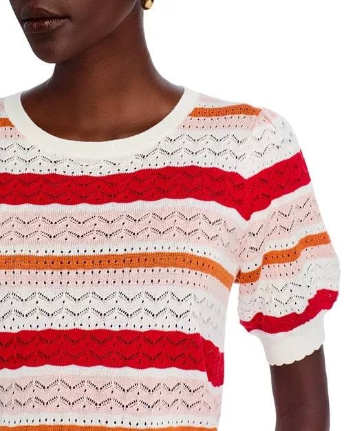 T Tahari Women’s Pointelle Blouson‑Sleeve Sweater White Star Black  $78 NWT