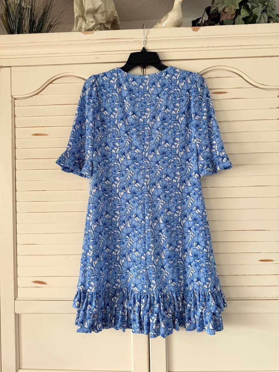 CeCe Dress S Blue V-Neck Knit Ruffle Hem Long Sleeve Pullover Stretch NWT