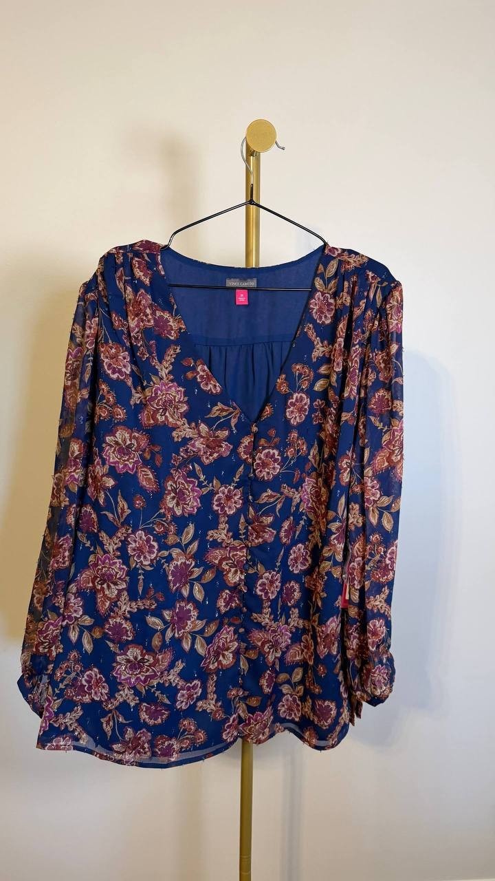 Vince Camuto Women’s Plus Split‑Neck Floral Blouse Navy 3X $89 NWT