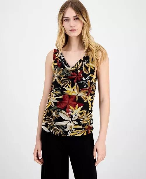 Anne Klein Printed Ruched Draped‑Neck Mesh Top Floral S NWT $69