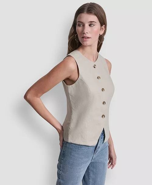 DKNY Jeans Linen‑Blend Crewneck Button‑Front Vest Pebble S NWOT $79