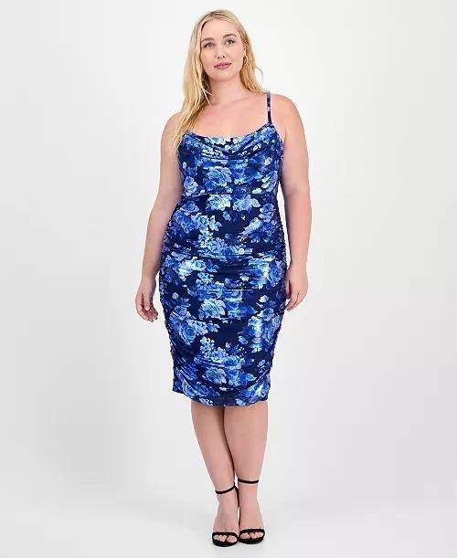 City Studios Plus Cowl‑Neck Foiled Floral Ruched Dress Navy/Royal 1XP NWT $79