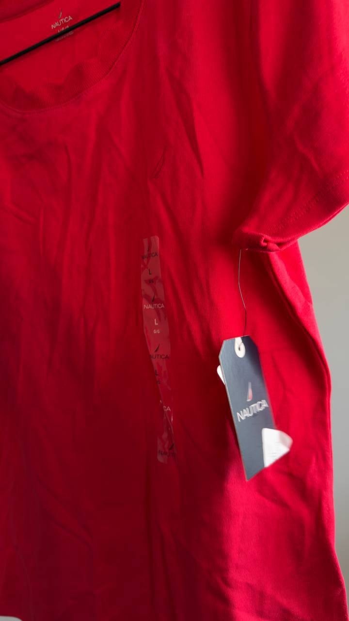 Nautica Women’s Scallop-Trim Cotton Short-Sleeve T-Shirt Red L NWT $39.50