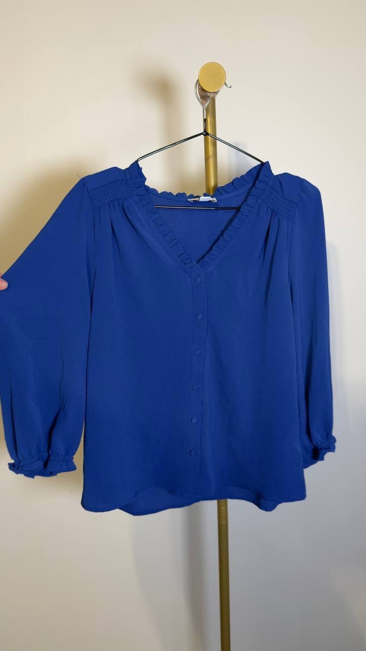 CeCe Women’s Ruffled Button‑Front 3/4‑Sleeve Blouse Royal Blue S NWT $69