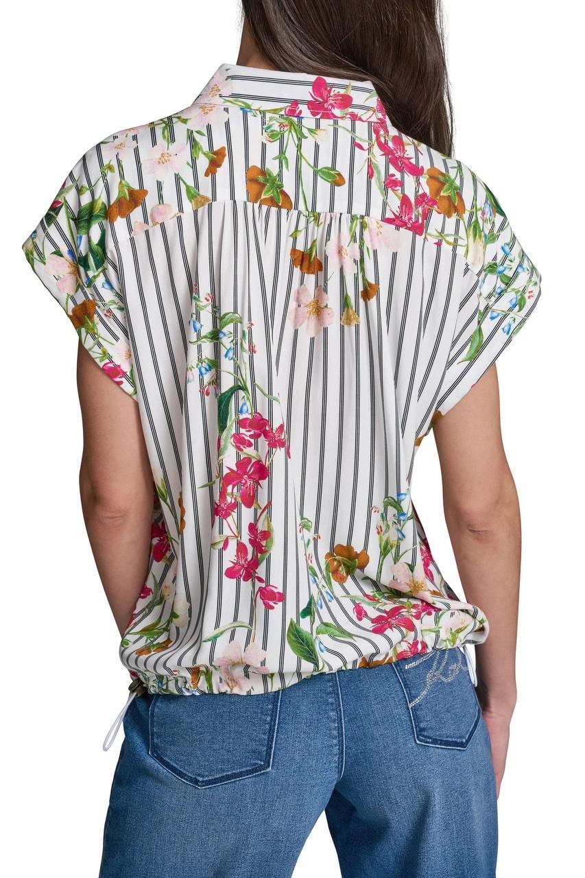 Karl Lagerfeld Paris Floral & Stripe Button‑Up Shirt Soft White Multi M NWT $99