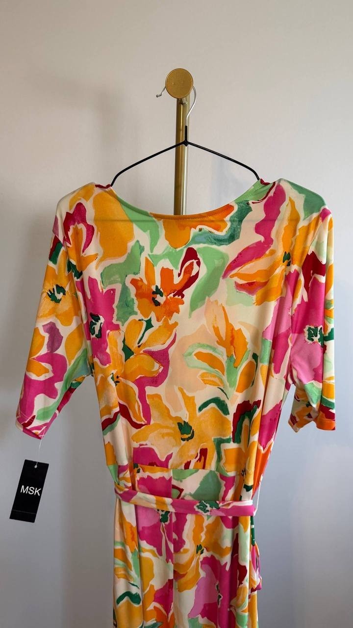 MSK Floral Print Tie Waist V‑Neck Midi Dress Multicolor XL $69 NWTMSK Floral