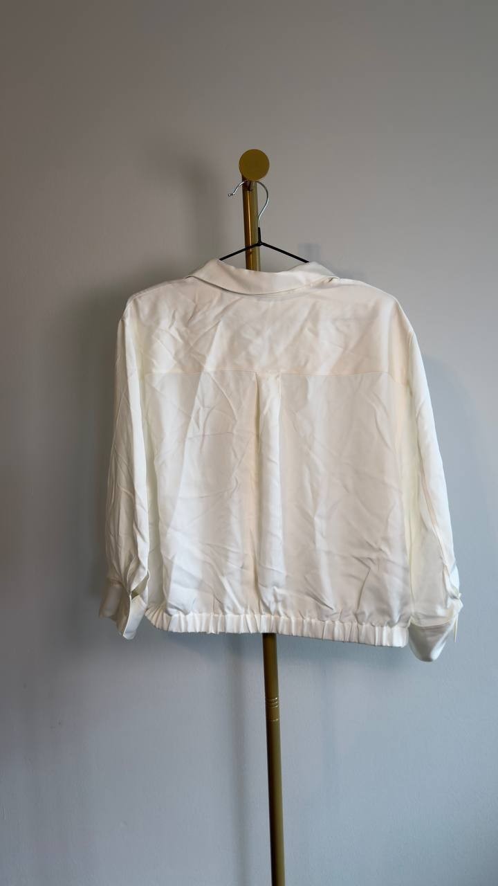 Theory Scrunched‑Sleeve Cropped Silk Button Shirt Ivory L NWT $365