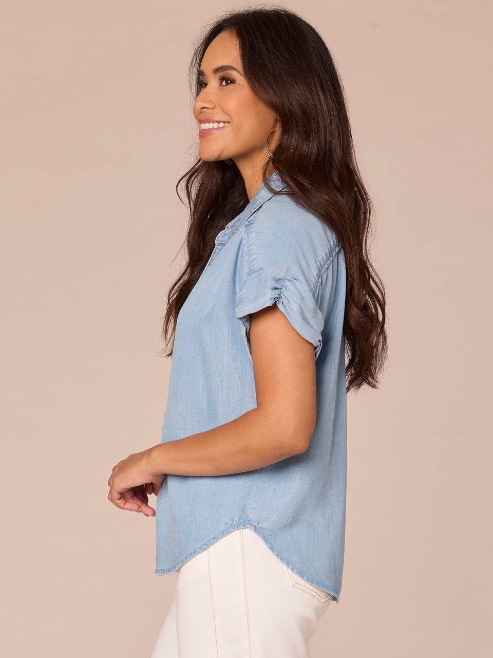 Democracy Ruched Short‑Sleeve Collar Button‑Down Pleated Petite Shirt – PXL –NWT