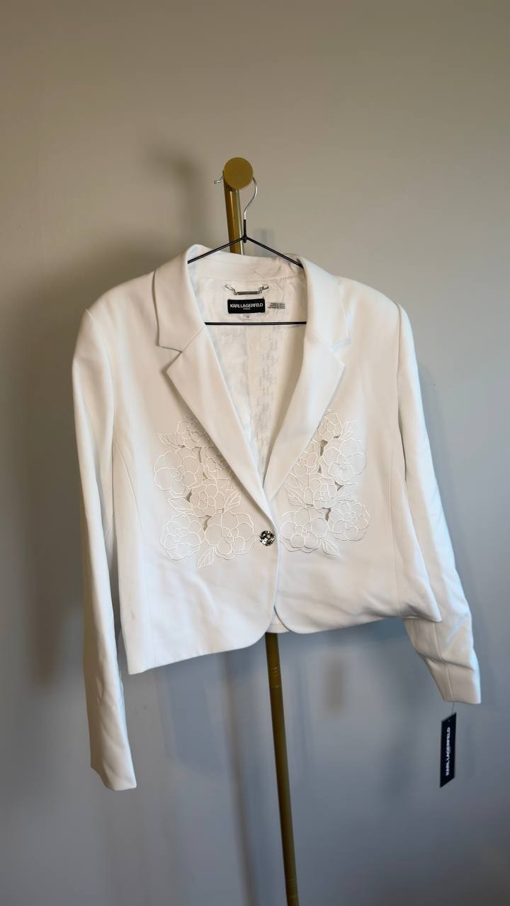 Karl Lagerfeld Cropped Embroidered Blazer White 14 NWT $299