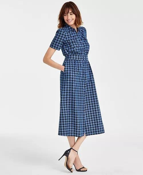 Anne Klein Cotton Midi Dress L Blue Houndstooth Camp Pocket Belted Fit NWT