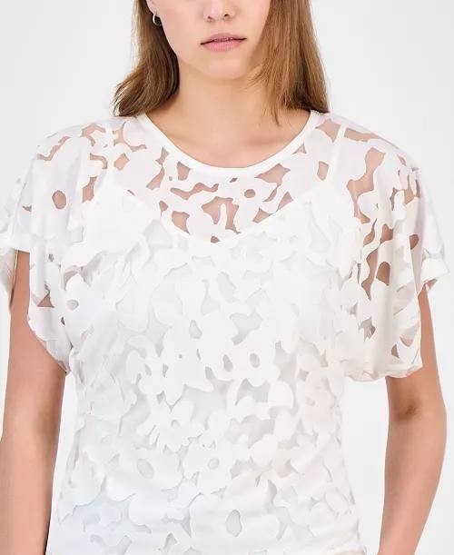 BOSS Orange Floral Lace Flutter Sleeve Top Open White XL NWT $99