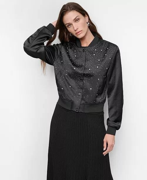 DKNY Studded Snap‑Front Bomber Jacket – Size S – Black – NWT