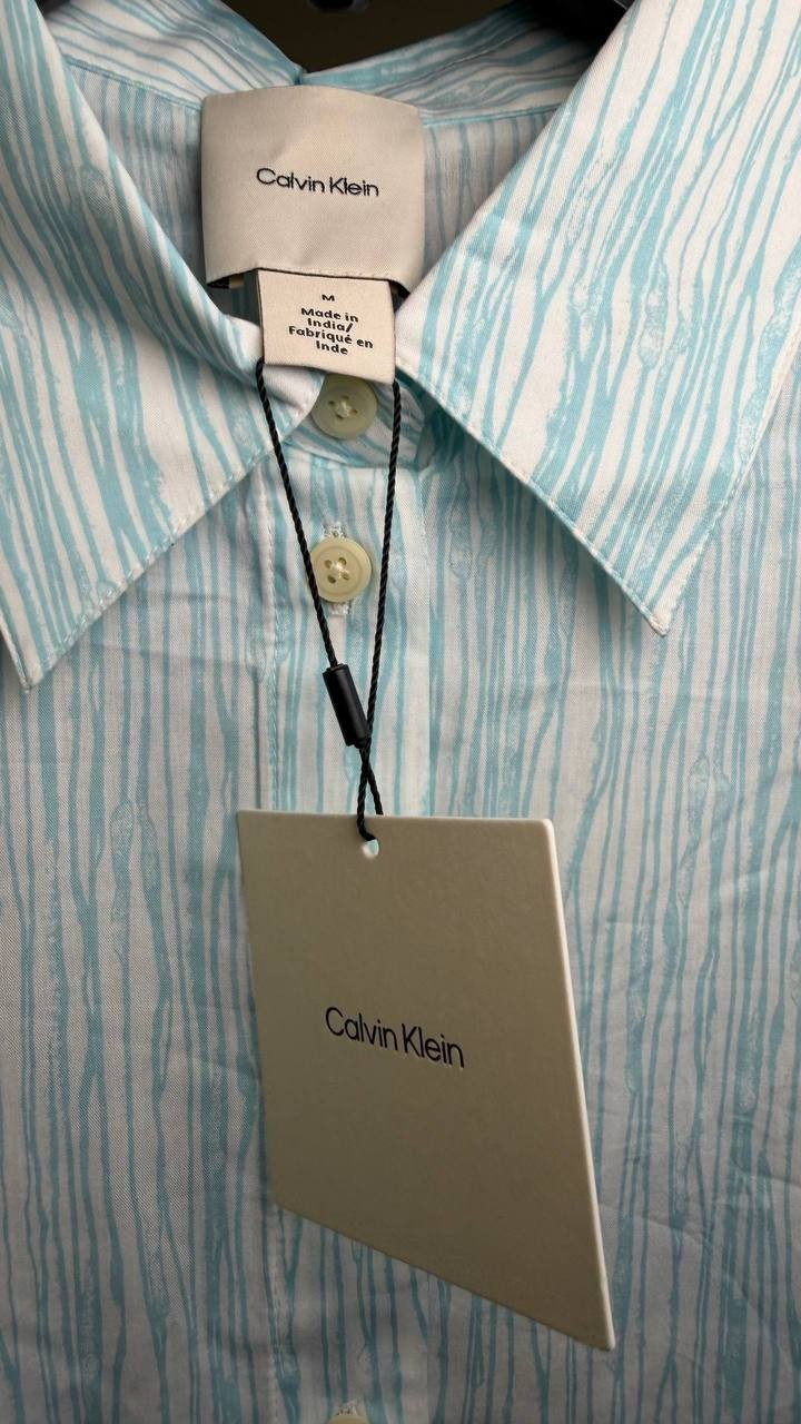 Calvin Klein Long Sleeve Striped Button‑Down Shirt White Print M NWT $109