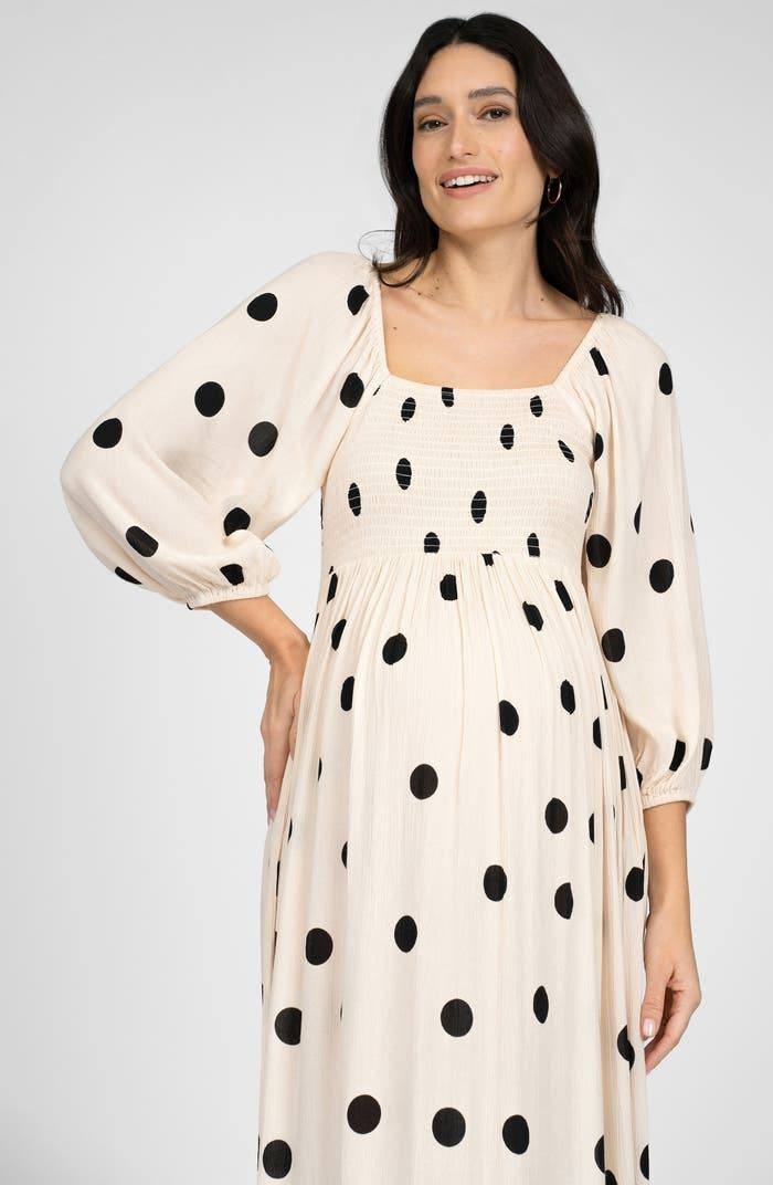Seraphine Maternity Midi Dress Shirred Viscose Polka Dot 4 NWT MSRP $125
