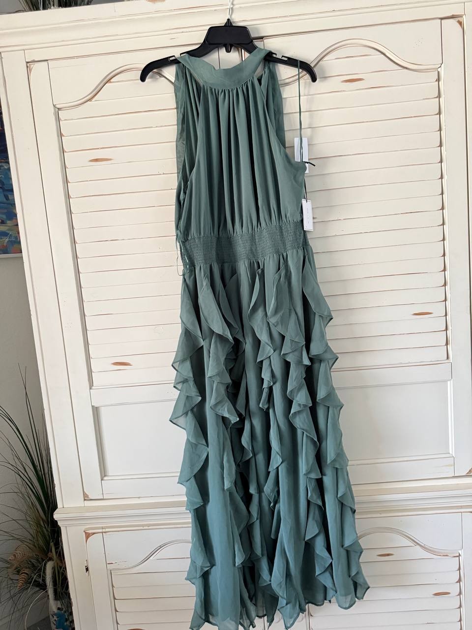 1.STATE Dress S Green Halter Ruffle Maxi Smocked Waist Elegant NWT MSRP $109