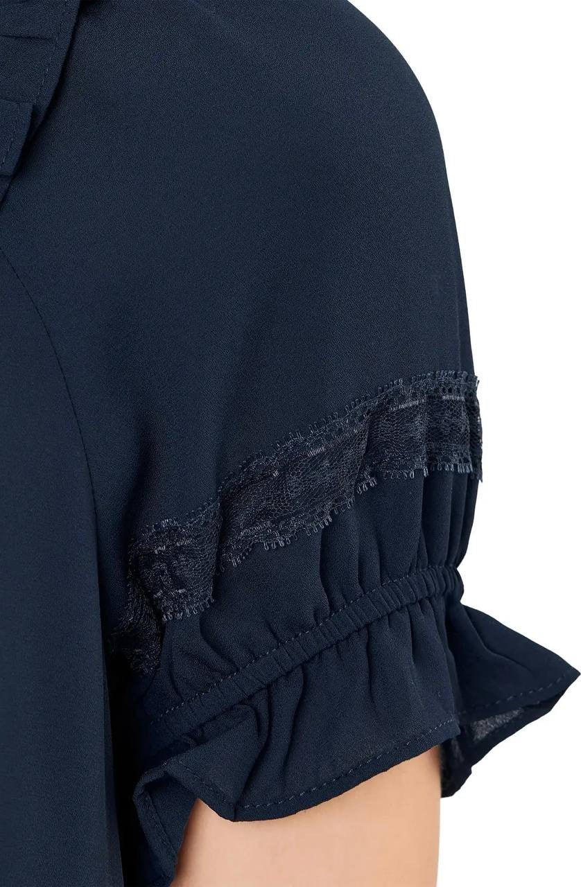 CeCe Wide Ruffle Neck Button Front Top Classic Navy L NWT $79