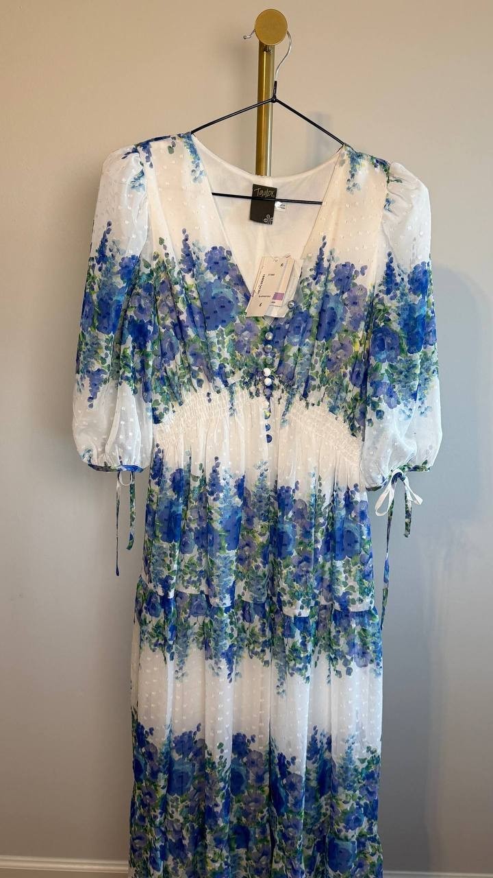 Taylor Printed V-Neck Smocked-Waist Dress Blue/Wisteria 6 NWT $139