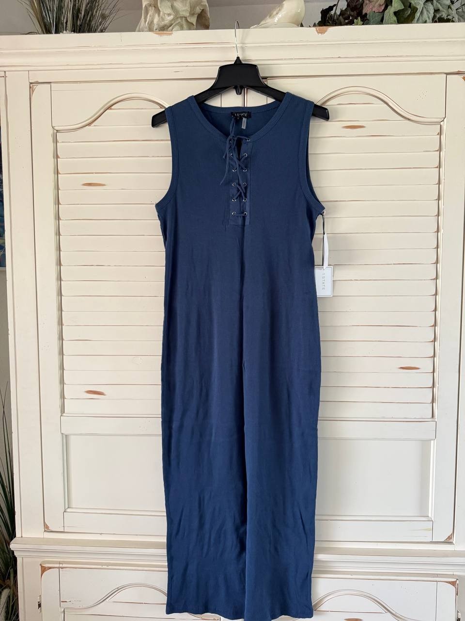 1.STATE Dress XL Blue Cotton Lace-Up Bodycon Sleeveless Midi Pullover NWT