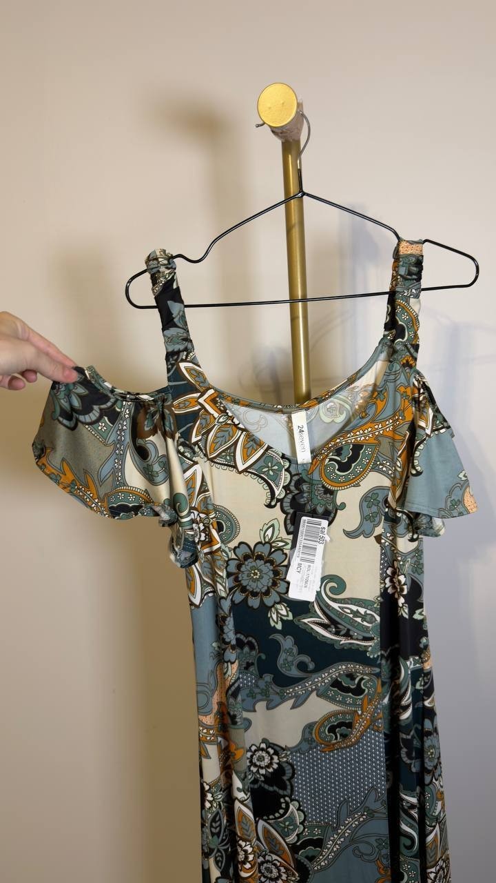 24Seven Comfort Apparel Cold Shoulder Maxi Dress Paisley Print L NWT $73