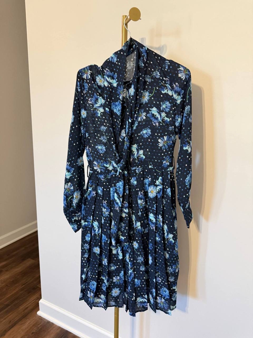 Gracia Bow‑Neck Floral Long‑Sleeve Dress Navy sizeS NWT Elegant Chic