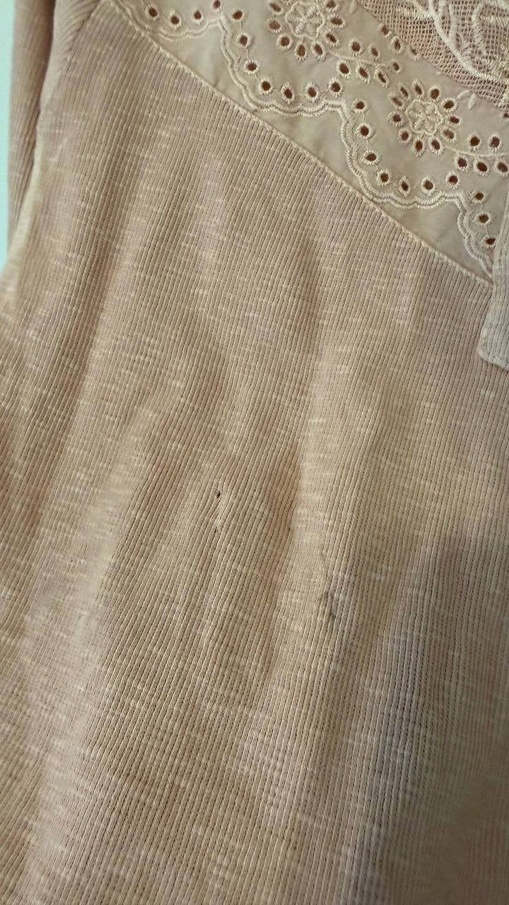 Lucky Brand Lace Yoke Henley Knit Top Rose Smoke L Damaged