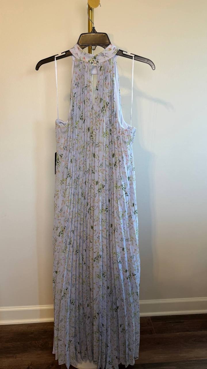 CeCe Pleated Floral‑Print Keyhole Dress Periwinkle M NWT $138