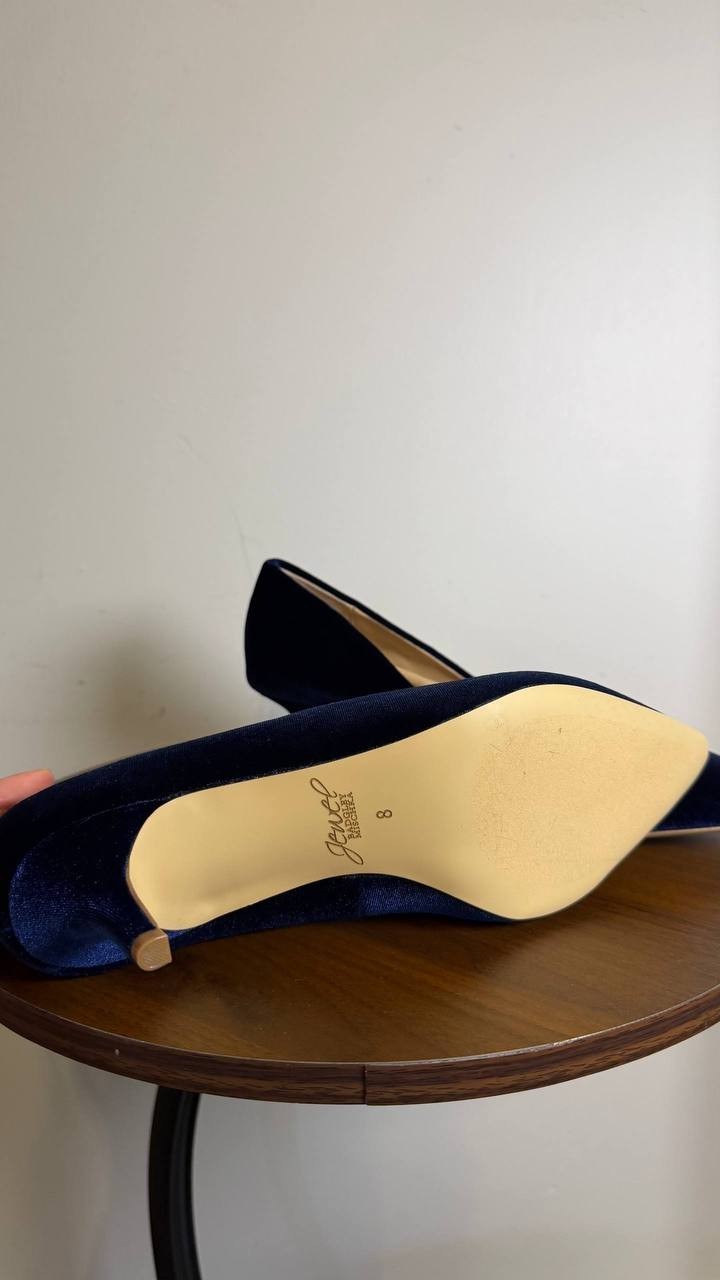 Jewel Badgley Mischka Enola Velvet Kitten Heel Pumps Navy Women’s 8 NWB $99